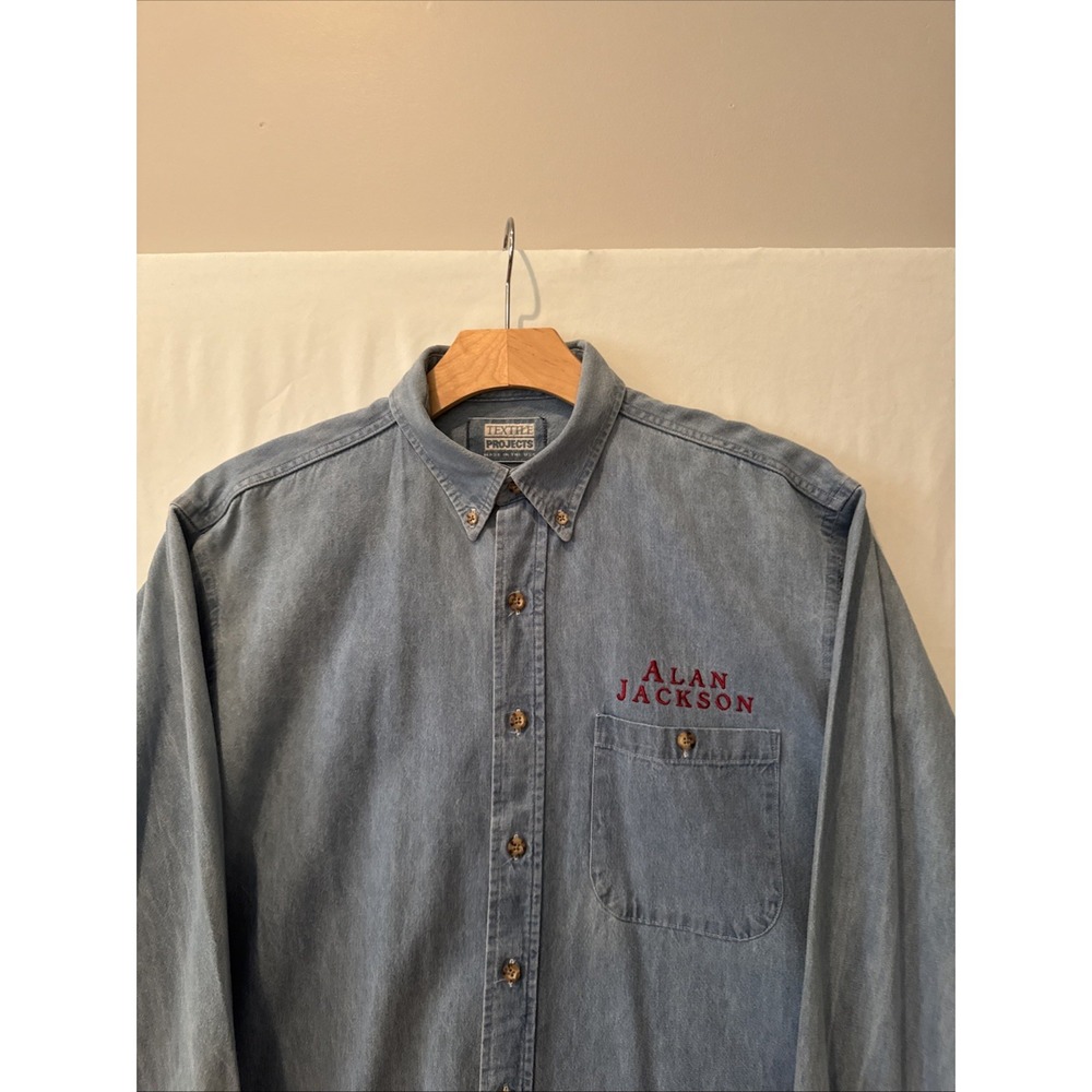 Men's Blue Denim Long Sleeve Button Up/Down Shirt With Alan Jackson Logo Large
